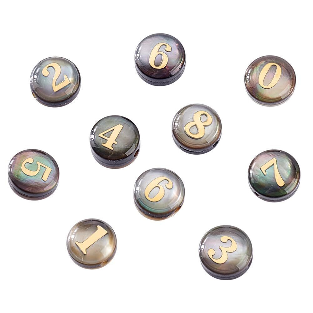3994 10Pcs Natural Freshwater Shell Beads Number 0-9 Black Lip Shell Flat